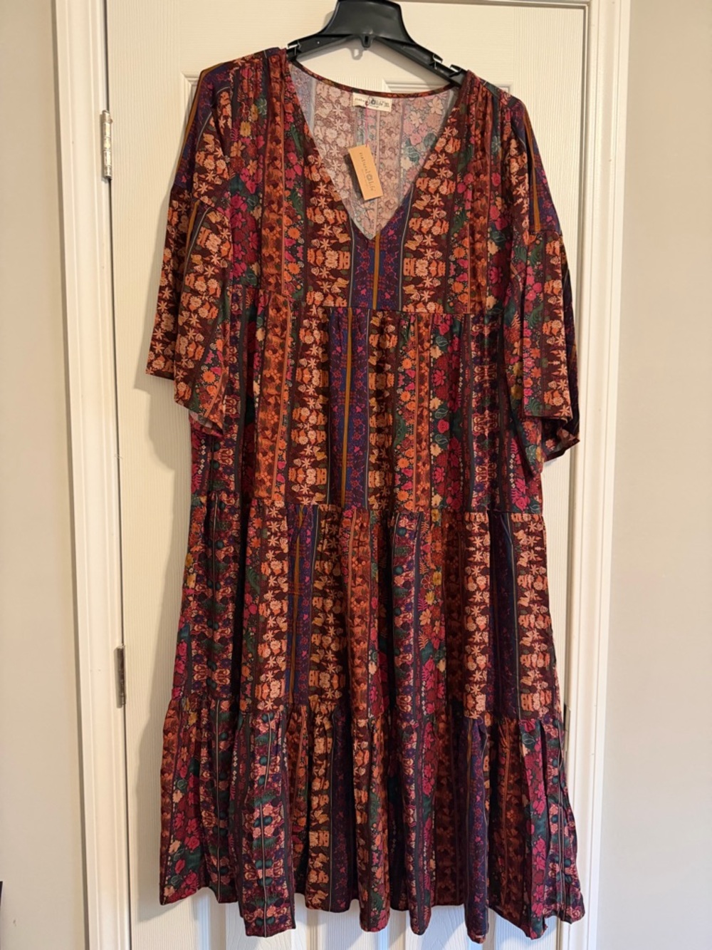 NATURAL LIFE Rustic Floral Tiered Maxi Dress in Rust and Purple
